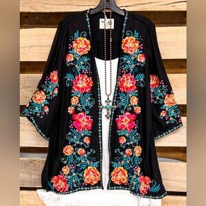 Floral Embroidered Black Open Front Blouse Duster